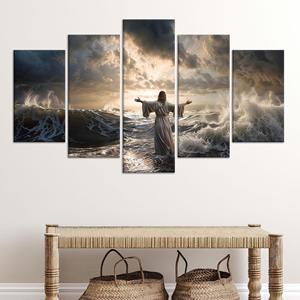 Lienzo de Jesús Caminando sobre el Agua, Impresión de Arte Cristiano Espiritual, Juego de 5 Lienzos Variados - Product Image 1