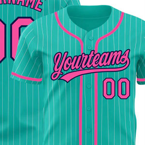 Maillot de baseball personnalisé uniforme d'équipe boutonné bleu sarcelle et rose à fines rayures nom personnalisé numéro 100% tissu polyester à séchage rapide - Product Image 6