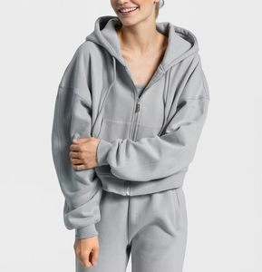 Personalizado de algodón pesado liso de manga larga sudadera de diseño de alta calidad bordado pulóver polar mujeres Sassy Zip Hoodies - Product Image 2