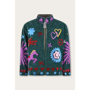 เสื้อแจ็คเก็ตกำมะหยี่ปักลายสีเขียวเข้มแบบสองด้าน  ตกแต่งด้วยลายปักหลากสีสัน  ความยาวสั้น เหมาะสำหรับฤดูใบไม้ร่วงและฤดูหนาว - Product Image 1