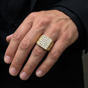 Bague épaisse pour homme en or jaune 18 carats avec diamants naturels, sertie en pavé rectangulaire, alliance de mariage, cadeau de fiançailles pour lui, bijoux fins - Product Image 2