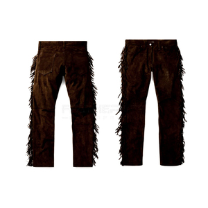 Pantalon en cuir de vachette marron clair à franges de style western personnalisé, léger et uni - Product Image 5