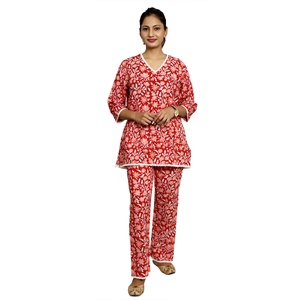 Conjunto de pijama indio hecho a mano de algodón puro con estampado Floral para mujer, ropa de dormir elegante de talla XL con camisa para la temporada de verano - Product Image 1