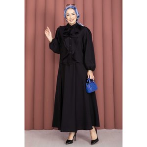 Conjunto de Dos Piezas con Detalle de Volantes, Falda de Crepé y Top de Punto, Estilo Club, para Otoño, Negro, Corte Ajustado - Product Image 4