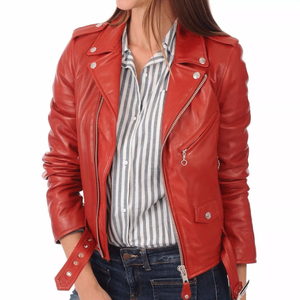 Nuevo diseño Biker Style 100% Pure Lambskin Leather Chaqueta de motocicleta Abrigo Biker Style Red Moto Jacket para mujer - Product Image 3