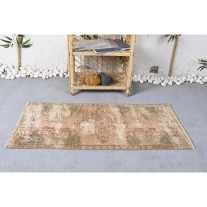 Alfombra turca de área grande Vintage 1,7X3,7 pies Beige verde Patchwork lana de estilo clásico con respaldo de látex para pasillo de dormitorio - Product Image 1
