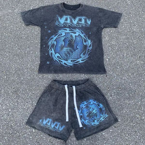 T-shirt court en coton épais de haute qualité pour l'hiver, surdimensionné, à séchage rapide, impression vintage personnalisée, deux pièces, délavage acide pour hommes - Product Image 1