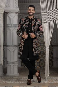 New-Designer Embroidery on Black Sherwani, Kurta & <b>Pant</b> Groom Dress with Embellished crystal glass beads, Stone, Dabka work=2025 - Product Image 2