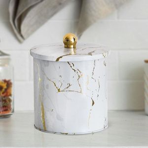 Marble White 2.1L Food Storage <b>Container</b> Ø140x150mm Metal round Canister with 150mm Knob Handle - Product Image 2