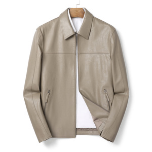 Nueva chaqueta de cuero de oveja para hombre de otoño, abrigo de solapa corta Micro ancha curtida con plantas reales, cierre de cremallera de estilo informal de longitud larga - Product Image 1