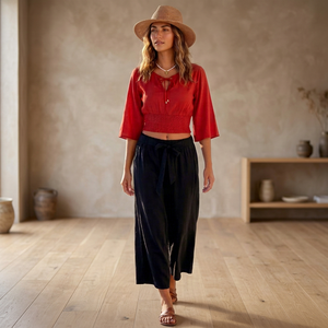 Women's Bohemian <b>Crop</b> <b>Top</b> Blouse <b>Red</b> Three Quarter Bell Sleeve Boat Neck Elastic Waist Solid Color Spring Summer Regular Fit - Product Image 3