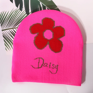 Romantic Cuffless Autumn <b>Winter</b> Skully Beanie for <b>Girls</b> 100% Acrylic with Daisy & Flower Jacquard Pattern Cute Graphic Gift - Product Image 1