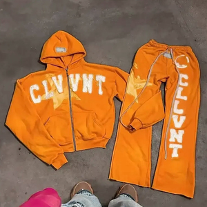 Conjunto de chándal lavado con ácido bordado personalizado de los fabricantes Conjunto de pantalones de chándal y Sudadera con capucha de algodón 100% de gran tamaño vintage - Product Image 4