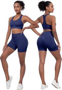 Conjunto de entrenamiento de 3 piezas ecológico para mujer, Sujetador deportivo de alto impacto, pantalones cortos transpirables para gimnasio, mallas sólidas para levantar glúteos, logotipo frontal - Product Image 4