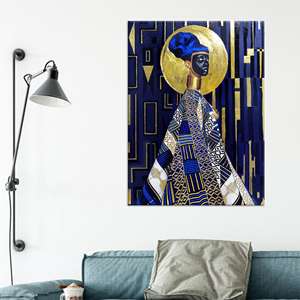 Lienzo Impreso: Arte de Mujer Real Africana - Decoración Glamurosa Geométrica Azul y Dorada, Lienzo Enrollado - Product Image 1