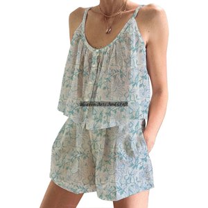 Ensemble de pyjama en coton pour femmes à imprimé floral, imprimé à la main, printemps/été, floral, ajusté, bretelles fines, sans manches - Product Image 2