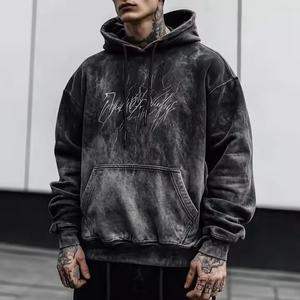 Fabricants Vente en gros Sweats à capuche d'hiver pour hommes 100% coton Vintage Distressed Acid Wash Embroidery Patch Pullover Solid Pattern - Product Image 2