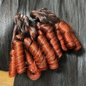 TONOS NARANJA BOUNCY FUNMI HUEVO RIZOS COLORES SUPER DOBLE CUTÍCULA ALINEADA CRUDO SOLO DONANTE EXTENSIONES DE CABELLO HUMANO VIETNAMÉS - Product Image 3