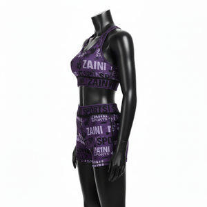 Conjunto de Shorts para Mujer, 240 GSM, Tela Elástica de Poliéster y Spandex, Morado y Negro, Logotipo Personalizado por Transferencia Térmica, Conjunto de Shorts de Algodón para Mujer - Product Image 3