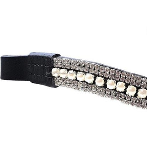 Bande de sourcils de cheval en cuir anglais noir avec combinaison décorative de 5 rangées de perles blanches et de cristaux bande de sourcils méga bling diamante - Product Image 3