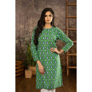 Chemisier en soie tricotée imprimée verte Khaddar, taille unique, pour femme, avec boutons, motif floral vintage, long, idéal pour le bureau, printemps-automne - Product Image 2