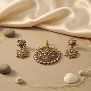 Women's Gold Plating Diamond Floral Pendant Earrings <b>Set</b> Luxury Copper <b>Jewelry</b> with <b>Pearls</b> for Gift - Product Image 1