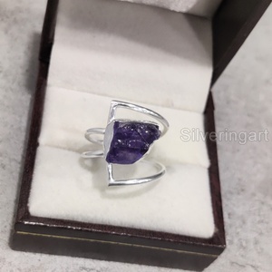 Anillo de plata de ley 925 con doble banda y piedra natural de amatista en bruto, joyería de piedra de nacimiento de febrero para mujer - Product Image 3