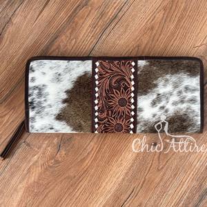 Mallette de rangement en cuir véritable de grande capacité avec pompon floral occidental usiné à la main en cuir de vachette vintage - Product Image 1