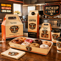 Ensemble d'emballages de boulangerie personnalisés AT PACK avec boîtes à beignets, gobelets à café et cartons pour boissons, solution d'emballage alimentaire de marque pour café