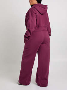 Conjunto de 2 Piezas de Sudadera Corta con Cremallera y Pantalones Acampanados de Encaje Bordado Sólido para Mujer, 100% Algodón, Logotipo Personalizado, Chándales - Product Image 2