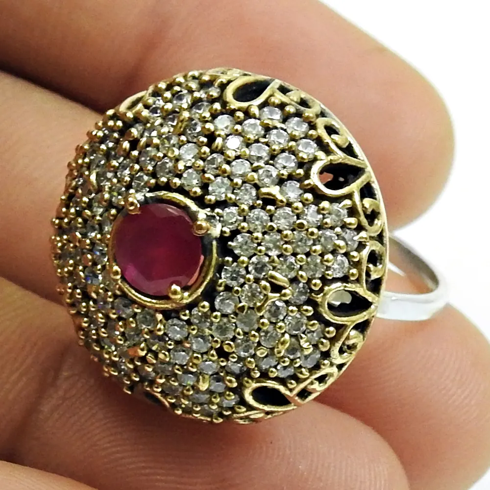 Türkischer vergoldeter Ring 925 Sterling Silber Rubin Zirkonia Einzigartiges Design Artisan Bohemian Jewelry Großhandel Hersteller