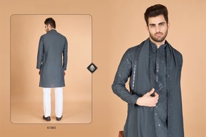 Colección Kurta de secado rápido de seda Formal bordada para hombres para adultos, ropa festiva y de fiesta, ropa india y pakistaní - Product Image 6