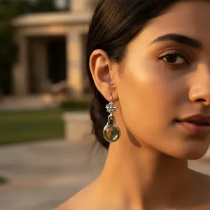 925 Silver Women's Floral Design <b>Drop</b> <b>Earrings</b> with Green Stone <b>Fashion</b> Accessory - Product Image 1