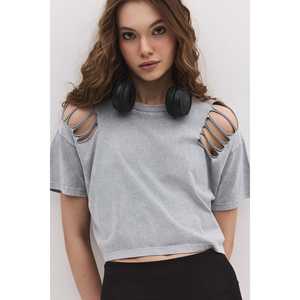 Camiseta Corta para Mujer con Hombros Descubiertos, Estilo Casual, Cuello con Lazo, 100% Algodón, Transpirable, Decorada con Diamantes, Talla Única - Product Image 2