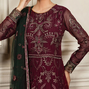Robe de soirée indienne traditionnelle Salwar Kameez islamique pakistanaise faite à la main avec paillettes en dentelle solide et décorations de boutons - Product Image 3