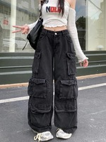Streetwear délavé noir Baggy Jeans Cargo pantalon pour femmes vêtements multi-poches jambe large dame pantalon