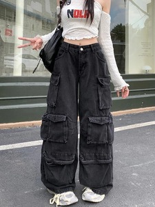 Streetwear Washed Black <b>Baggy</b> Jeans <b>Cargo</b> <b>Pants</b> For <b>Women</b> Clothes Multi Pockets Wide Leg Lady Trousers - Product Image 4