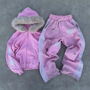 Ensemble de survêtement personnalisé 2pc pour femmes Sweat à capuche en fourrure 100% coton brodé fabriqué pour femmes survêtement en détresse - Product Image 1