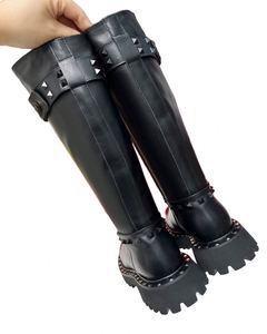 Bottes de combat mi-mollet à plateforme épaisse pour femme, hauteur genou, à talon haut, bout rond, avec fermeture éclair, style punk gothique clouté, Valentinoing - Product Image 6