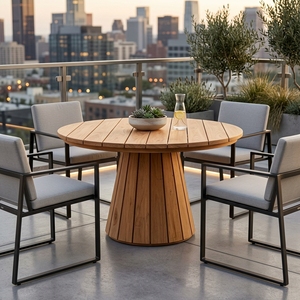 Natural Teak Wood <b>Round</b> Outdoor Garden Dining <b>Table</b> Conical Fluted Base Wooden <b>Patio</b> Setup Decor Pure Room Art Design - Product Image 2
