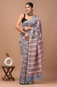 Sari en soie Chanderi pure imprimé à la main avec pièce de blouse – Sari élégant en soie Chanderi pure – Vêtement ethnique imprimé à la main - Product Image 3