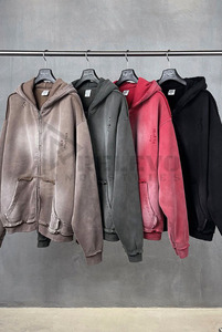 Plain High Quality Acid Washed Streetwear 400gsm Distressed Winter Sweatshirt Loose Oversized <b>Men</b> <b>Zipper</b> <b>Hoodie</b> - Product Image 6