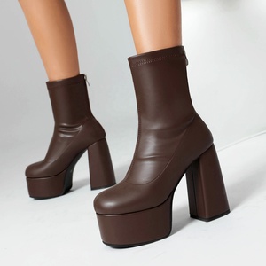 <span class=keywords><strong>Bottes</strong></span> pour femmes BUSY GIRL XY4625, grande taille 48, mi-<span class=keywords><strong>mollet</strong></span>, <span class=keywords><strong>cuir</strong></span> marron et blanc, extensible, fermeture éclair, plateforme, talon bloc, <span class=keywords><strong>bottes</strong></span> courtes pour femmes - Product Image 1