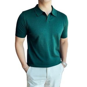 Polo de manga corta de alta elasticidad para hombre, Camiseta de punto con solapa informal sólida ligera de seda de verano 2025, ropa para hombre - Product Image 6