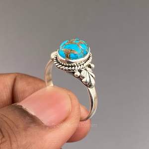 Anillo de Plata de Ley 925 con Engaste Clásico de Bisel y Piedra Preciosa, Turquesa Azul Genuina, para Boda, Fiesta, Aniversario - Product Image 1