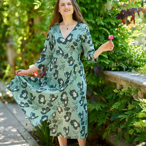 Nirmala Floral Hand Block Printed <b>Wrap</b> Dress Boho Cotton Grey Blue Adjustable Waist Dress - Product Image 1