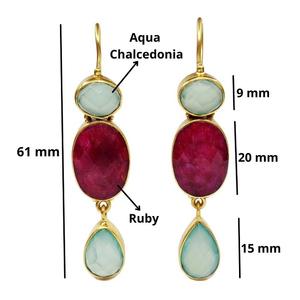 Boucles d'oreilles en argent Sterling 925 plaqué or, pierres précieuses en rubis et calcédonie faites à la main pour femmes, boucles d'oreilles de fête - Product Image 2