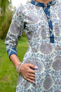 Hand Block Printed Melody <b>Dress</b> Pure Cotton A-Line <b>Boho</b> <b>White</b> Blue - Product Image 3