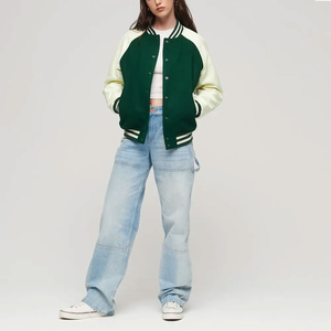 แจ็กเก็ตเบสบอลปักลายสำหรับผู้หญิงผ้าขนสัตว์สีเขียว - Product Image 3