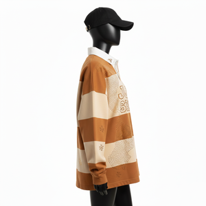 Camiseta de rugby para mujer, 280 GSM, jersey de algodón premium, paneles colorblock marrón beige, logotipo personalizado bordado, camisetas de rugby para mujer - Product Image 3